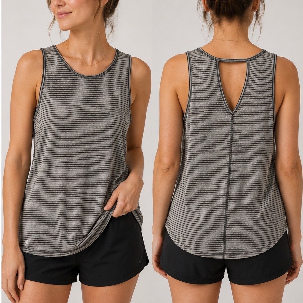 Ideology Tank Top Women XL Grey Striped Keyhole Back Activewear Sleeveless Gym